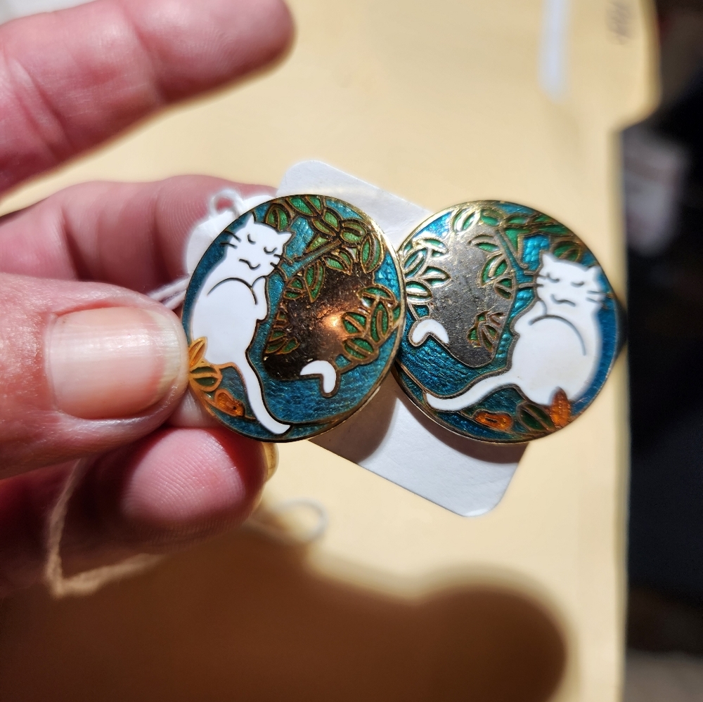 White cat enamel earrings